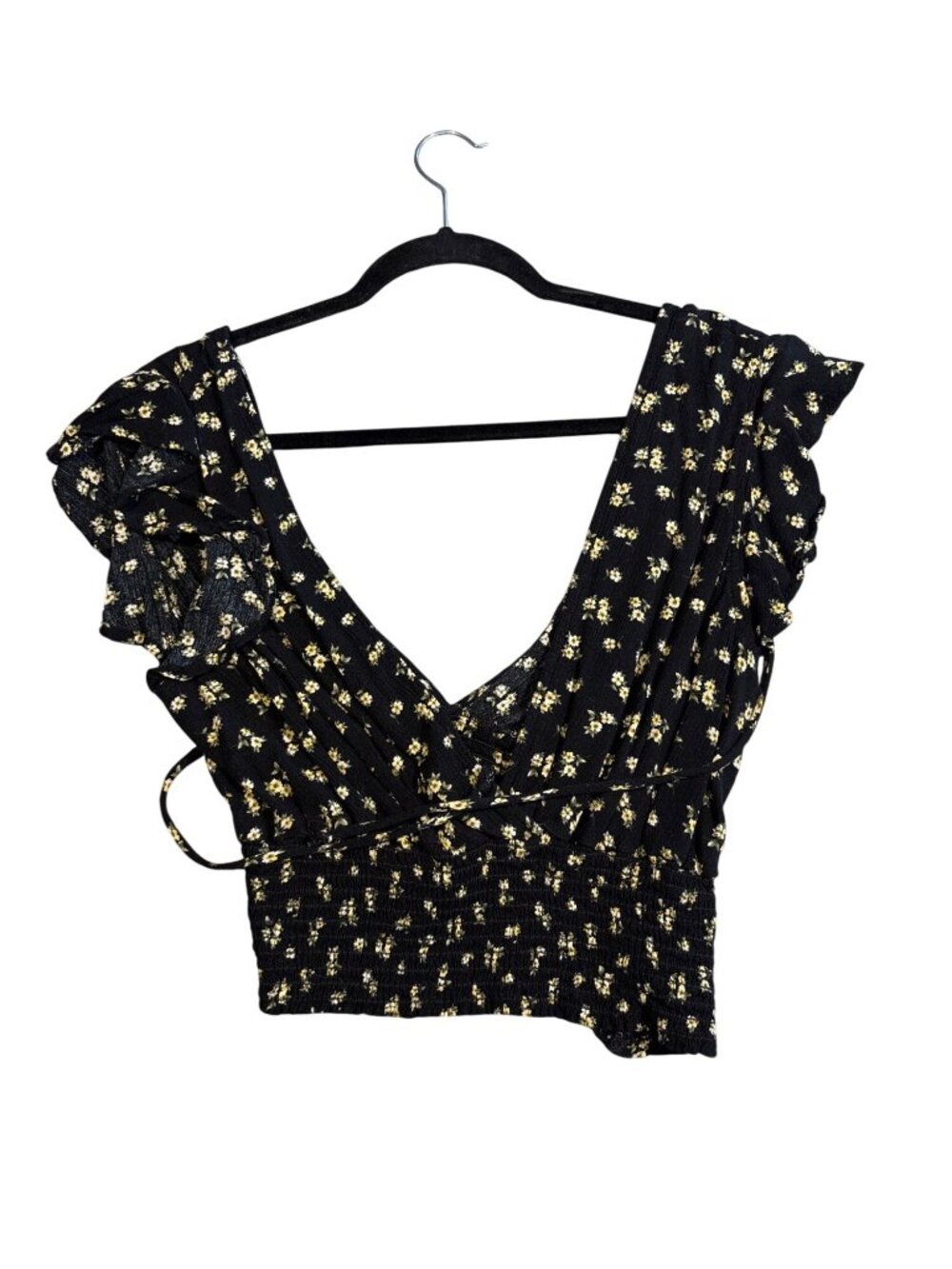 Final Touch Crop Top Size Medium Floral Flutter Sleeve V Neck Smocked Waist Boho